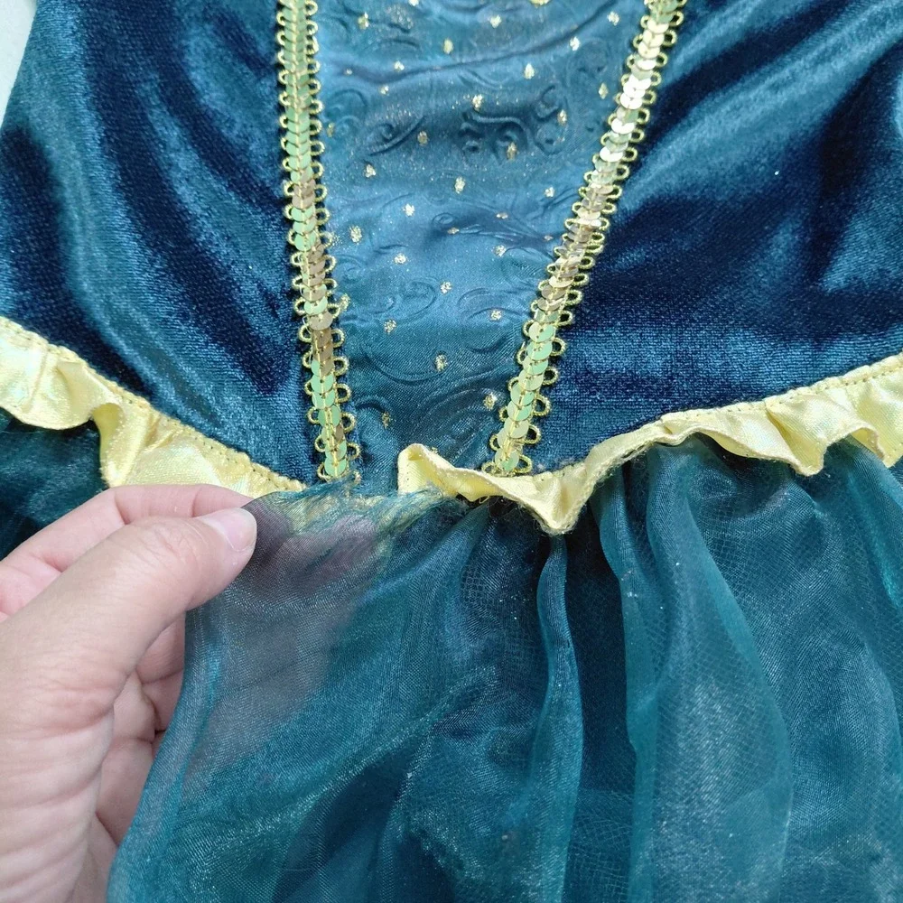 Disney Store Merida Brave Costume Dress Teal Gold Velvet Sequin Girls 5/6